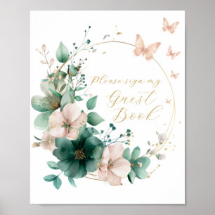 Poster Doce 16 Livro de Visitas de Floral Verde Esmeralda