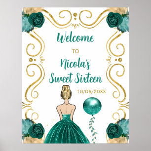 Poster Doce 16 loiras Princesa Teal Blue Bem-vindo