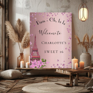 Póster Doce 16 Paris pincelado cor-de-rosa torre de eiffe