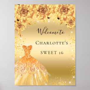 Poster Doce 16 roupas de brilho dourado florais bem-vindo