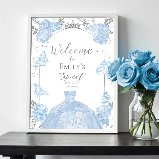 Poster Doce 16 Sinal de Boas-vindas Borboleta Dusty Blue  (Criador carregado)