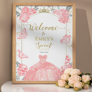 Poster Doce 16 Sinal de Boas-vindas Borboleta Rosa Vestid