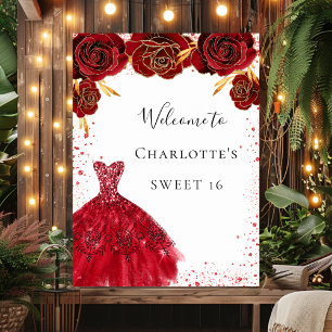 Poster Doce 16 vestido branco vermelho brilhante floral b