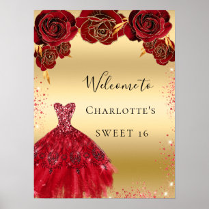 Poster Doce 16 vestido vermelho de ouro floral
