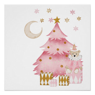 Póster Doce algodão urso de Natal de inverno rosa