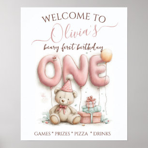Poster Doce Aniversário de Um Ano com Urso de Pelúcia