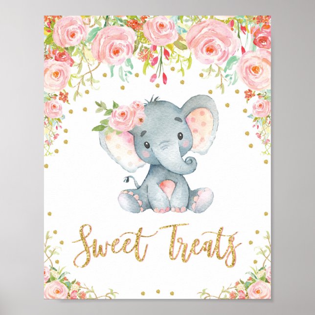 Poster Doce Chamar Chá de fraldas Elefante Menina (Frente)