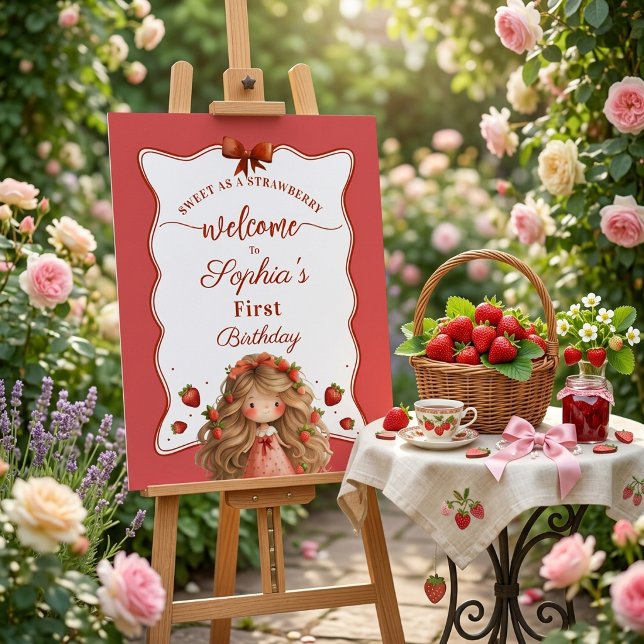 Poster Doce Como Menina Morango Aquarela Aniversário  (Criador carregado)