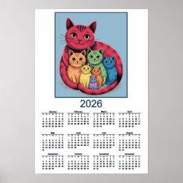 Poster Doce Família de Gatos Calendário 2026 de Gatos