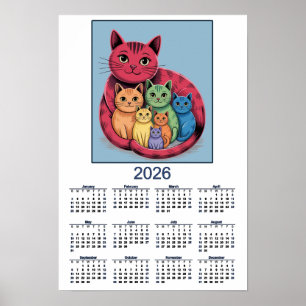 Poster Doce Família de Gatos Calendário 2026 de Gatos