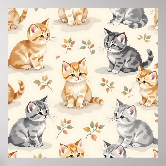 Poster Doce Ginger e Kitty Cinza Aquarela Sem Costura  (Frente)