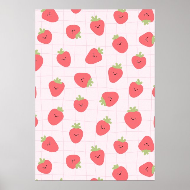 Poster Doce Padrão de Morango – Morango Kawaii (Frente)