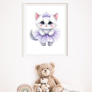 Poster Doce Princesa Gatinho Branco em Tutu Roxo Real