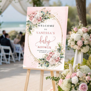 Poster Doce Rosa Floral Verde Bem-Vindo ao Chá de Bebê