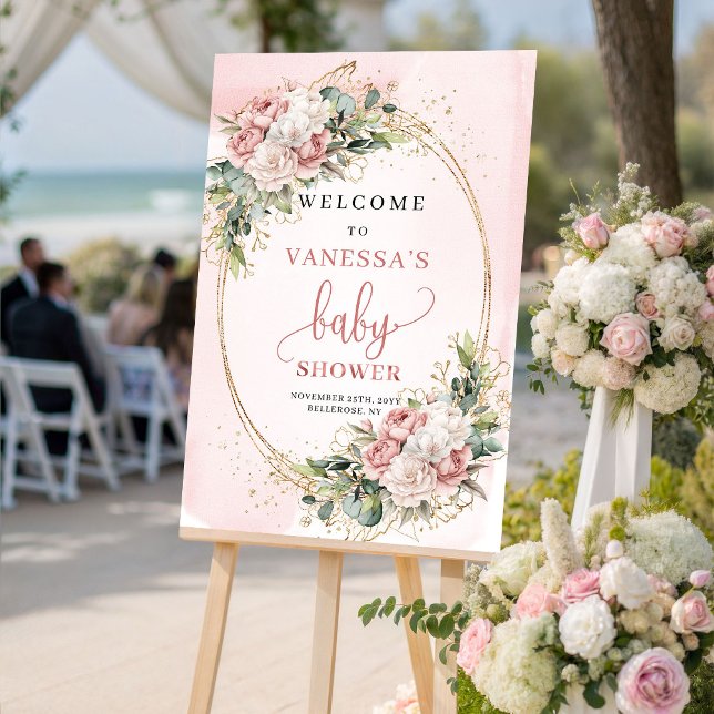 Poster Doce Rosa Floral Verde Bem-Vindo ao Chá de Bebê (Sweet Blush Pink Floral Greenery Baby Shower Welcome)