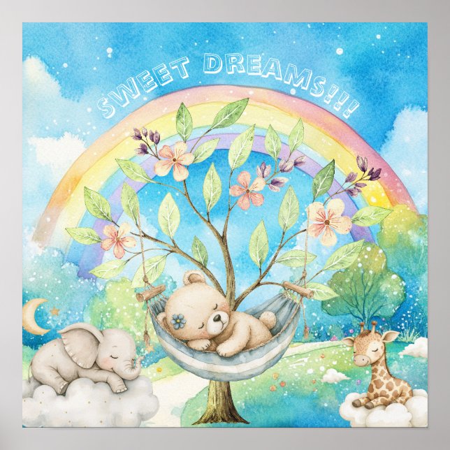 Poster Doce Sonho Arco-íris Animais Adormecidos Berçário  (Frente)