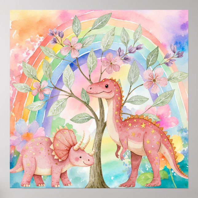 Poster Doce Sonho Arco-íris Dinossauros Rosa Berçário  (Frente)