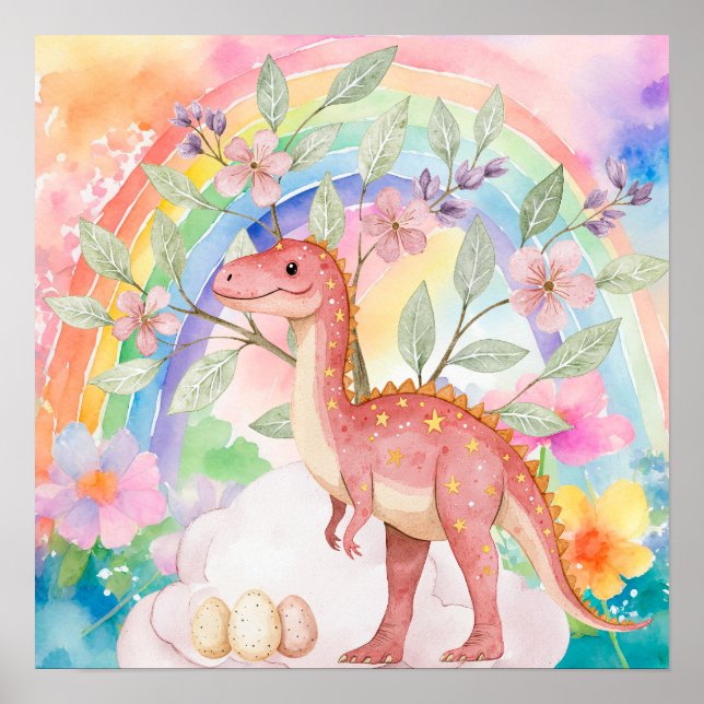 Poster Doce Sonho Arco-íris Dinossauros Rosa Berçário  (Frente)