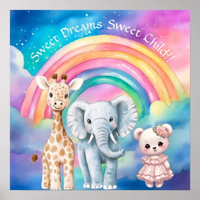 Poster Doce Sonho Arco-íris Elefante & Girafa Berçário  (Frente)