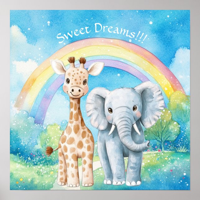 Poster Doce Sonho Arco-íris Elefante & Girafa Berçário  (Frente)