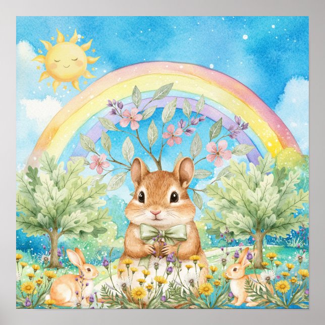 Poster Doce Sonho Arco-Íris Esquilo & Coelhos Berçário  (Frente)