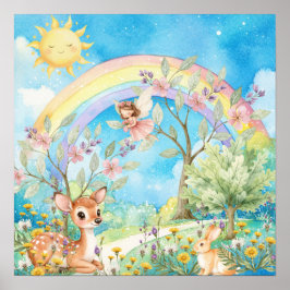 Poster Doce Sonho Arco-íris Veado e Coelho Berçário
