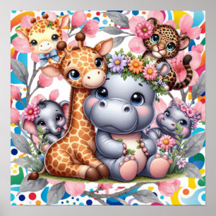Poster Doce Sonho Floral Bebê Animais da Selva Berçário