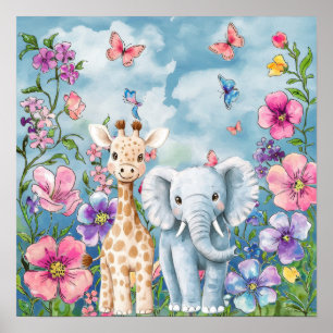 Poster Doce Sonho Floral Berçário de Elefante & Girafa
