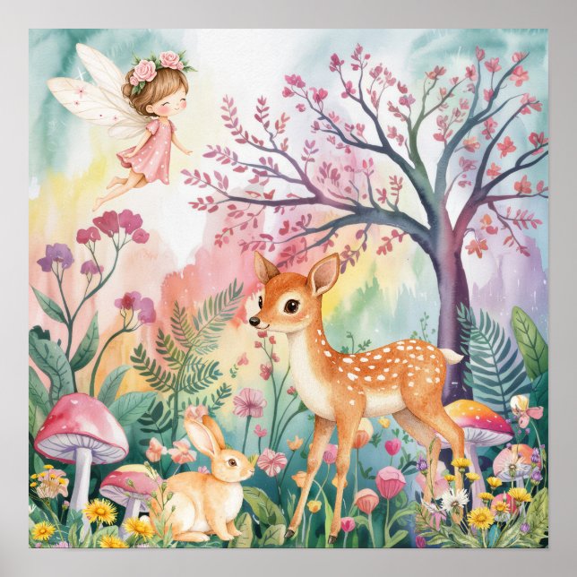 Poster Doce Sonho Floresta Deer & Rabbits Berçário  (Frente)