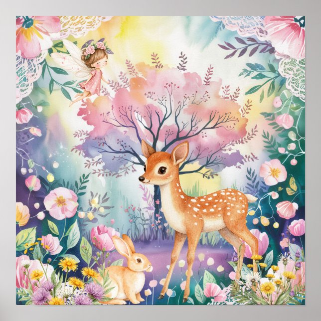 Poster Doce Sonho Floresta Deer & Rabbits Berçário  (Frente)