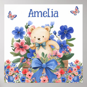 Poster Doce Sonho Urso de Pelúcia Floral & Nome da Crianç