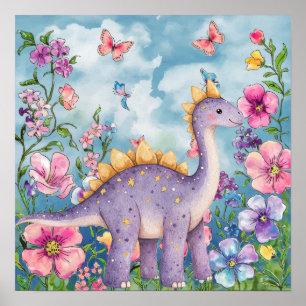 Poster Doce Sonhos Floral Berçário Dinossauro Roxo