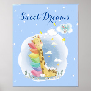 Poster Doce sonhos girafa dormindo com coelhos