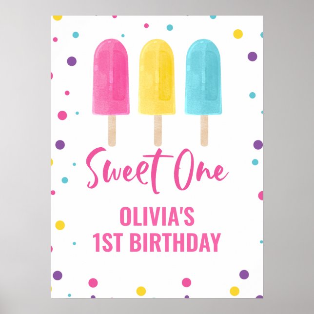 Poster Doce Um 1º aniversário Pirulito de Gelo Arco-íris (Frente)