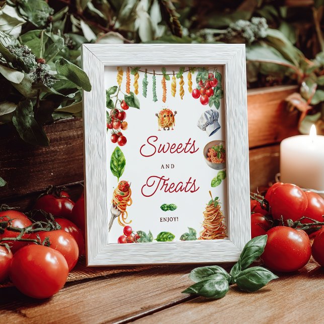 Poster Doces e Guloseimas de Massinha de Carne Pequena pa (Little Meatball Pasta Baby Shower Sweets Treats Poster)