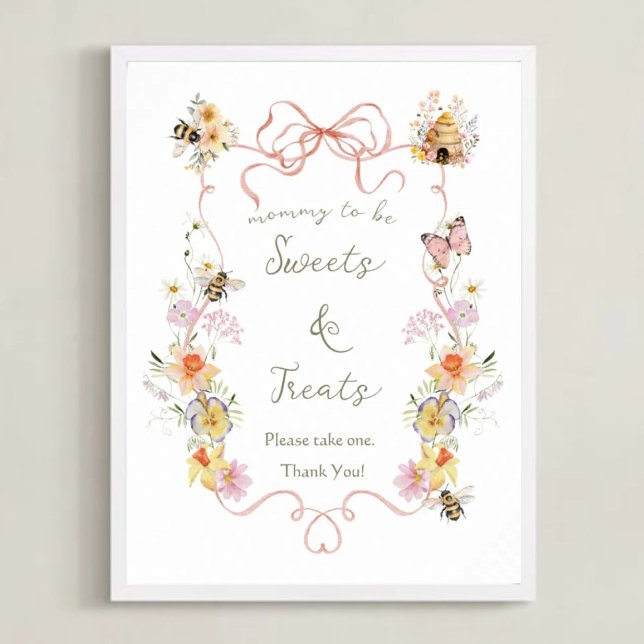Poster Doces para Chá de Bebê 'Mommy to Bee' com Aquarela (Criador carregado)