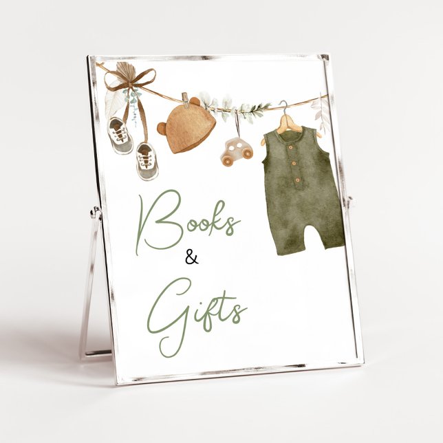 Poster Docinho Boho Roupa Livros e Presentes (Boho Clothes Sweet Baby Boy Baby Shower Books and Gifts Sign)