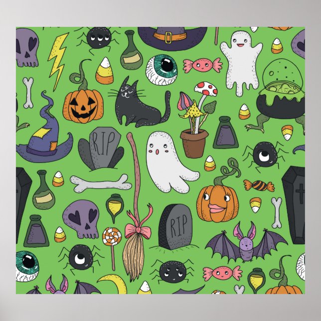 Poster Dodle Halloween: Conceito Bonito Sem Costura (Frente)