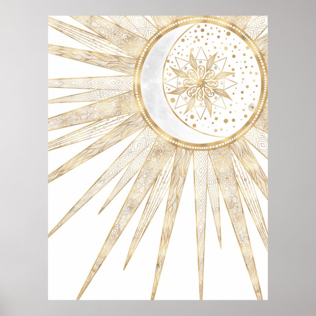 Poster Dodles Dourados Elegantes Sun Moon Mandala Design (Frente)