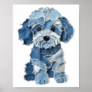 Poster Dog Pattern Denim Patchwork Art