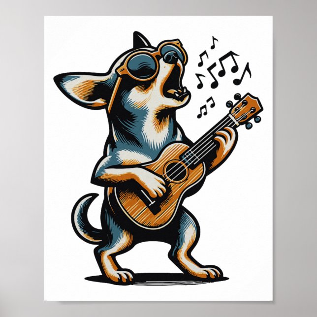 Poster Dog Playing Guitar Singing Chihuahua Funny Dog Mar (Frente)