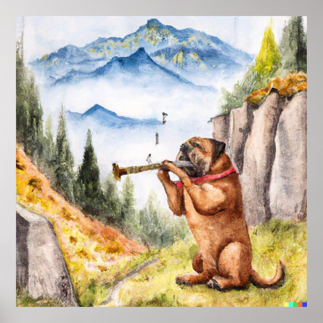 Poster Dogue de Bordeaux Playing Flute nos Alpes suíços (Frente)