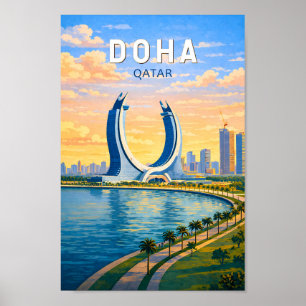 Poster Doha Qatar Ilustração Arte de Viagem Vintage