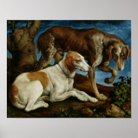 Dois cães caçadores ligados a um toco de árvores, 