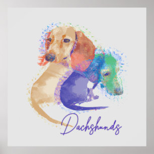 Poster Dois Cães Dachshund Aquarela Coloridos