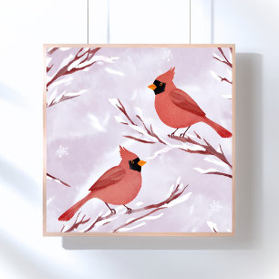 Poster Dois Cardinals Vermelhos Pintura em Aquarela