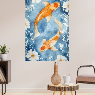 Poster Dois carpas koi nadando entre flores.