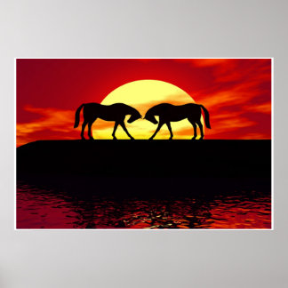 Póster dois cavalos antes do pôr do sol