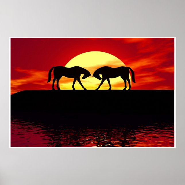 Póster dois cavalos antes do pôr do sol (Frente)
