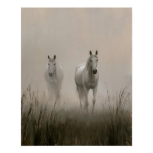 Póster Dois Cavalos Brancos em uma Pintura de Prado Nebul